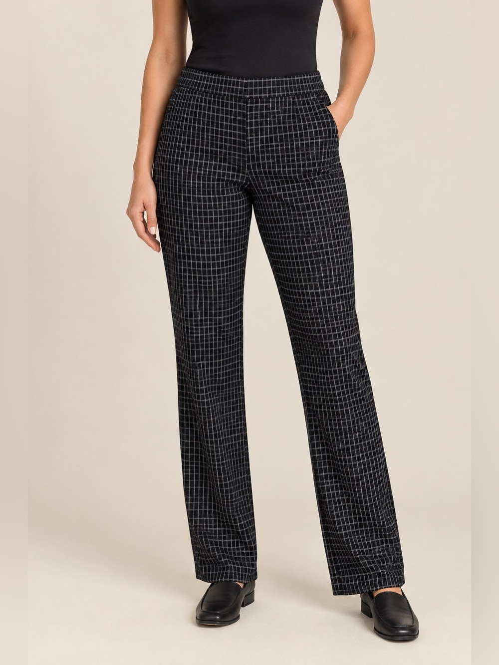 Liverpool Black Windowpane Straight Leg Pants